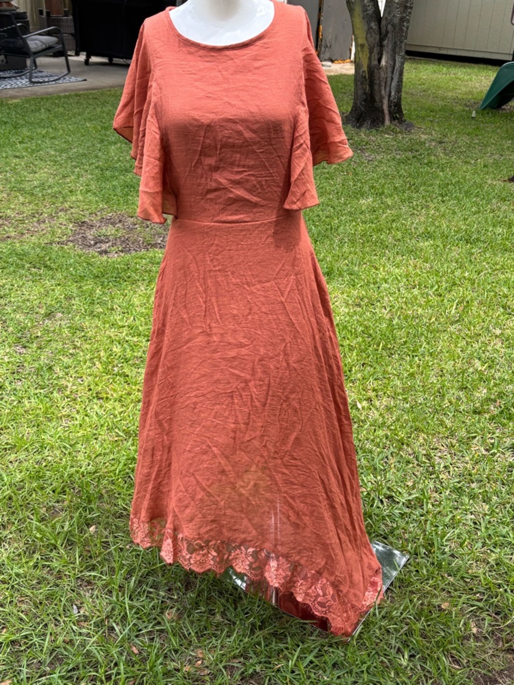 Flutter-Sleeve Maxi Dress in Rust Orange with Lace Trim